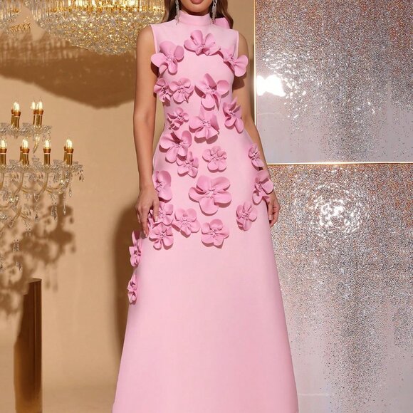 Pink Elegant Women's 3d Floral Decor Slim Fit High Neck Sleeveless Dress - Picture 3 of 8